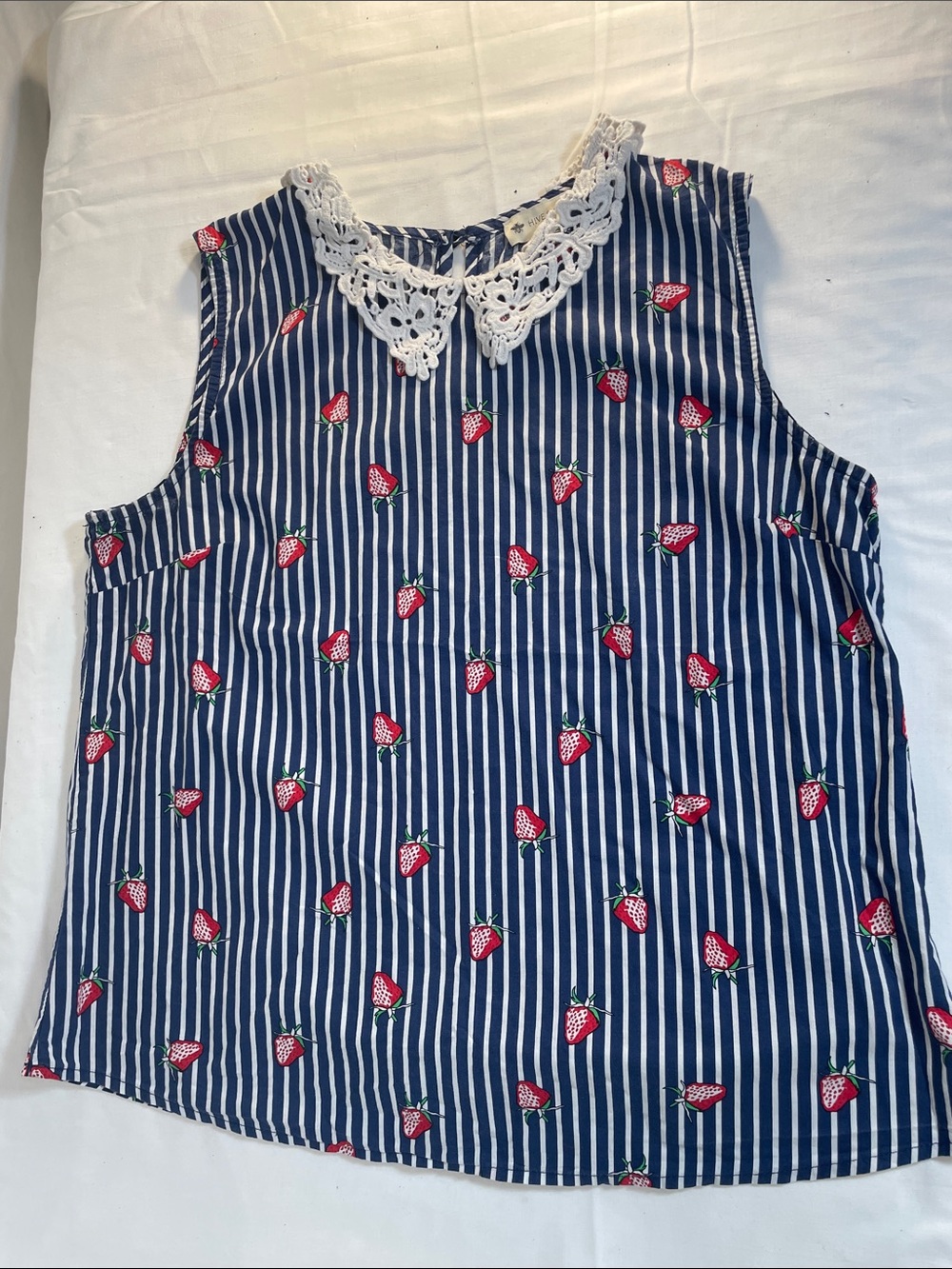 Vintage 80s Hive & Honey Navy and White Striped Top with Strawberry Accent